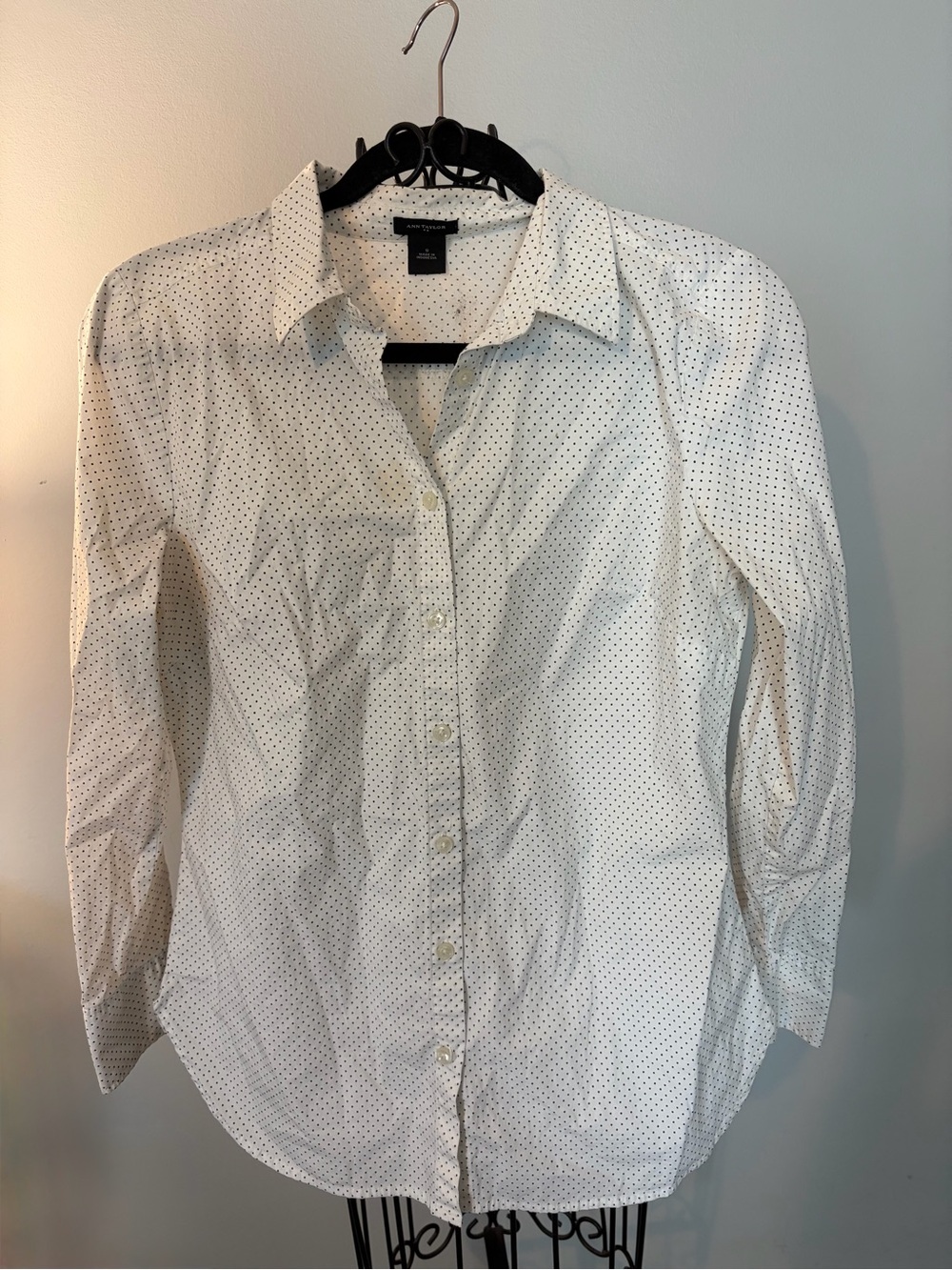 Ann Taylor small White Button-Up Shirt top blouse with Mini Black polka dots
